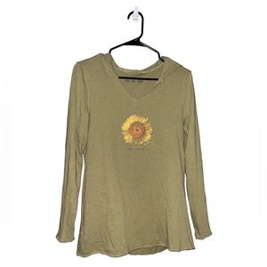Life is Good Olive Green Hello Sunshine Sunflower Graphic Hooded Shirt